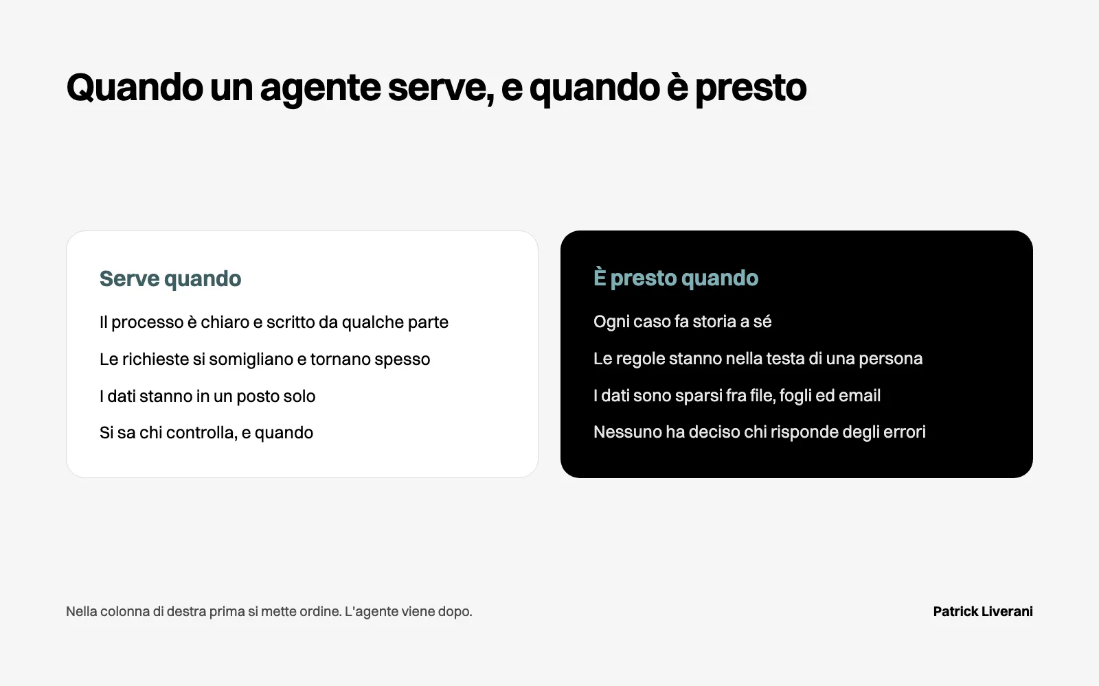 Due colonne a confronto: quando un agente AI serve, con processo chiaro e dati in ordine, e quando è ancora presto