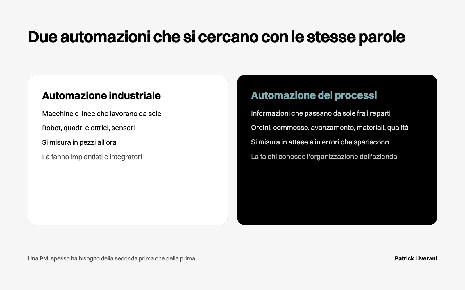 Due colonne: l’automazione industriale, fatta di macchine e quadri elettrici, e quella dei processi, fatta di flussi