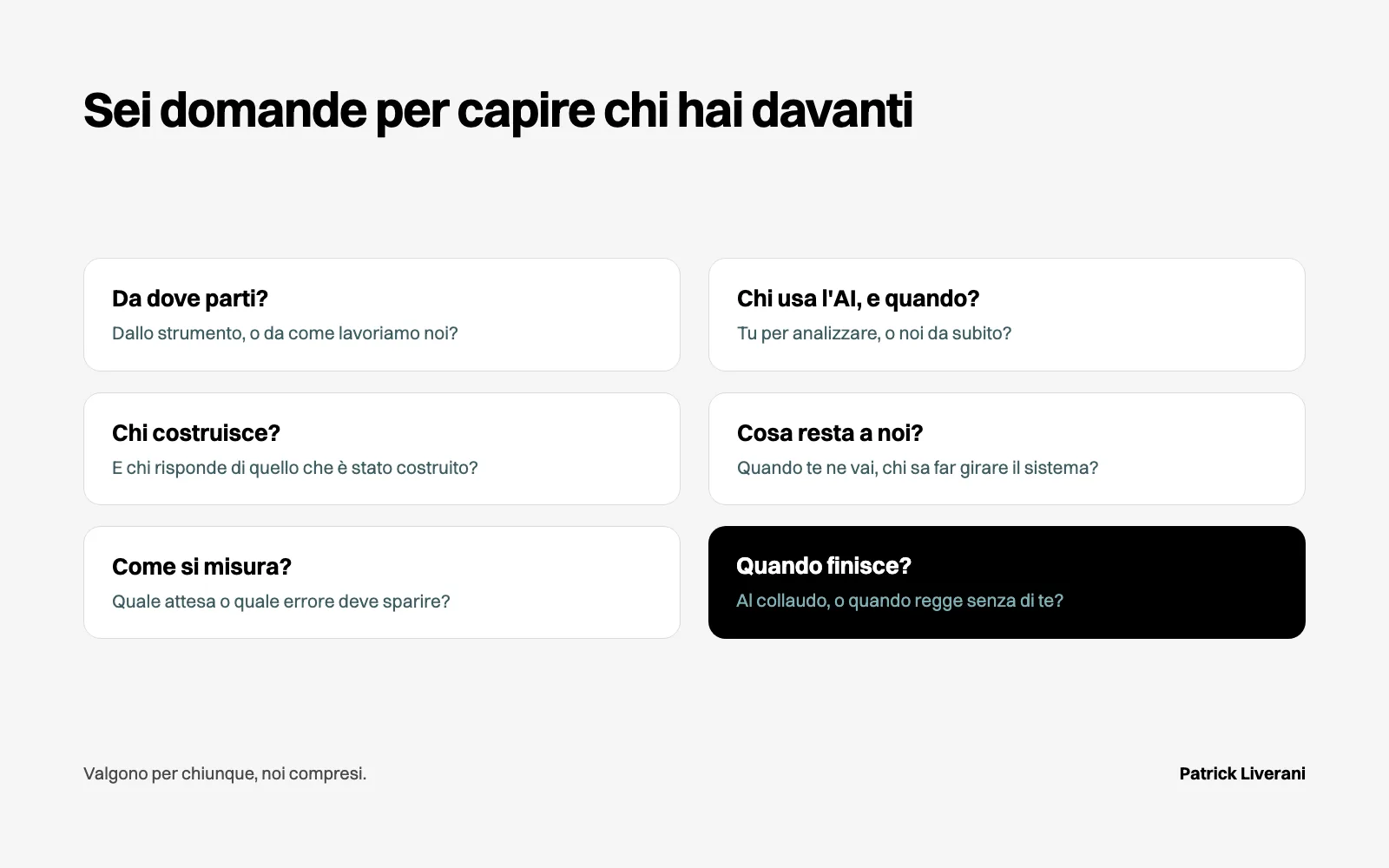 Sei domande per capire chi hai davanti: da dove parte, chi usa l’AI, chi costruisce, cosa resta, come misura, quando finisce