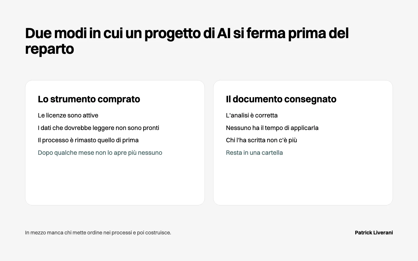 Dove si ferma un progetto di AI nelle PMI: lo strumento comprato e non usato, il documento consegnato e chiuso nel cassetto