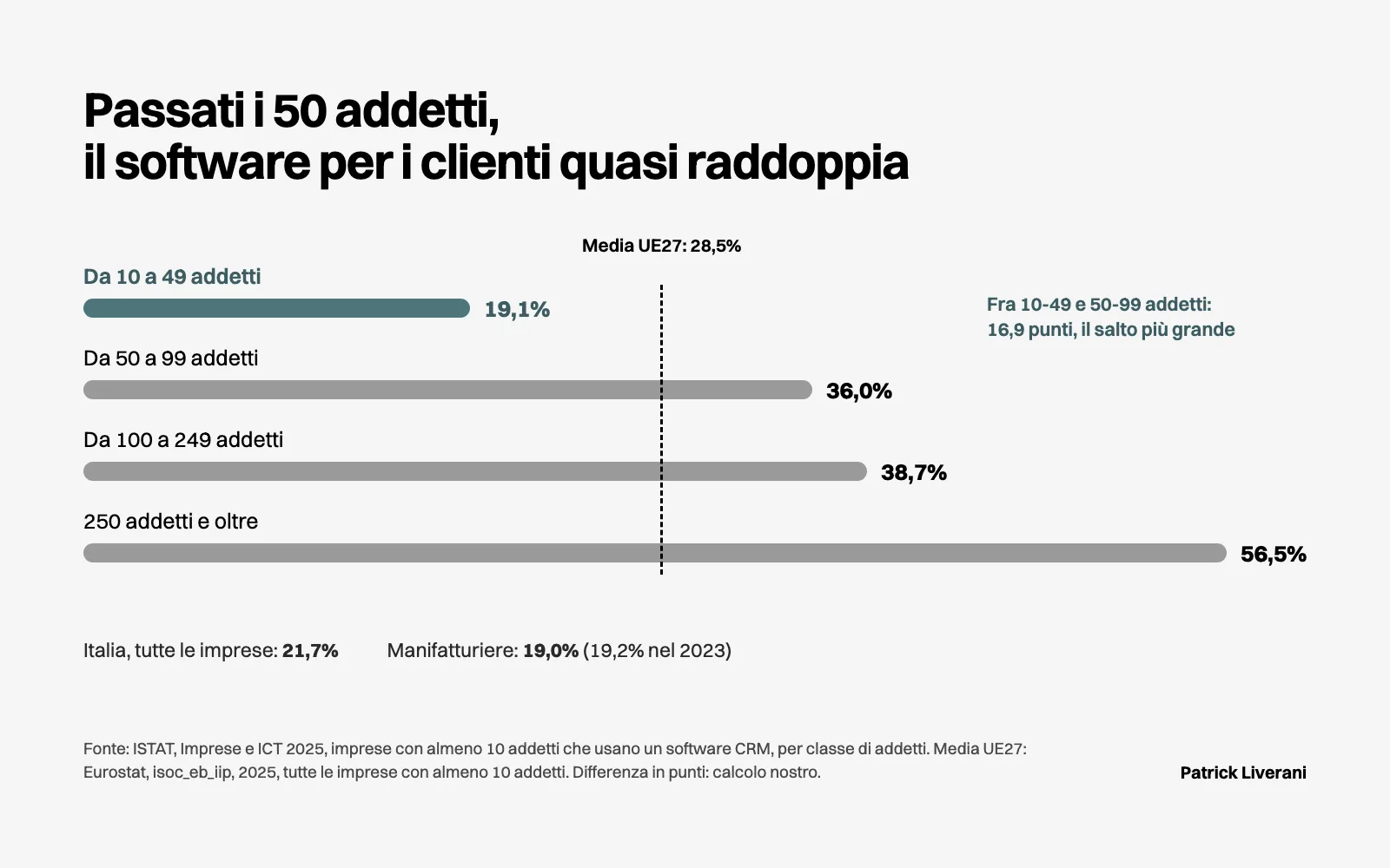 Barre ISTAT 2025 sull’uso di un software per i clienti: 19,1% da 10 a 49 addetti, 36,0% da 50 a 99, 56,5% oltre 250